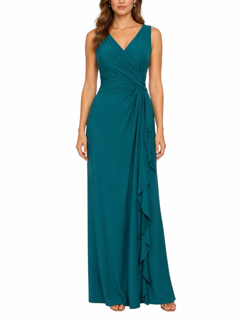 Chaps Maxi Dress Size 14 Surplice Ruched Waist Draped Ruffle Teal Formal Gown